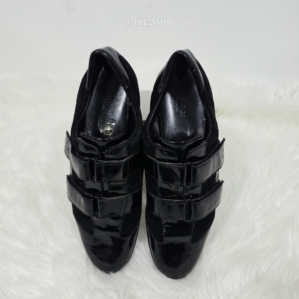 Gucci women black patent leather velcro sneakers size 39 monogram suede - Picture 12 of 14